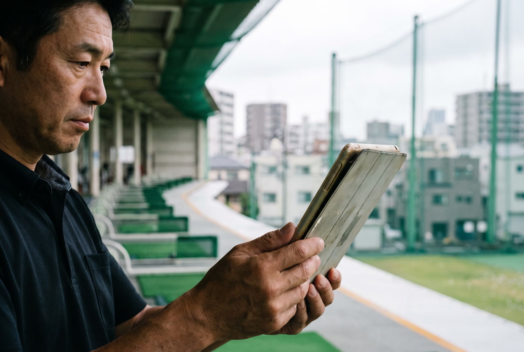 レッスン前に打席のわきでタブレットを見て引き継ぎを確認する講師