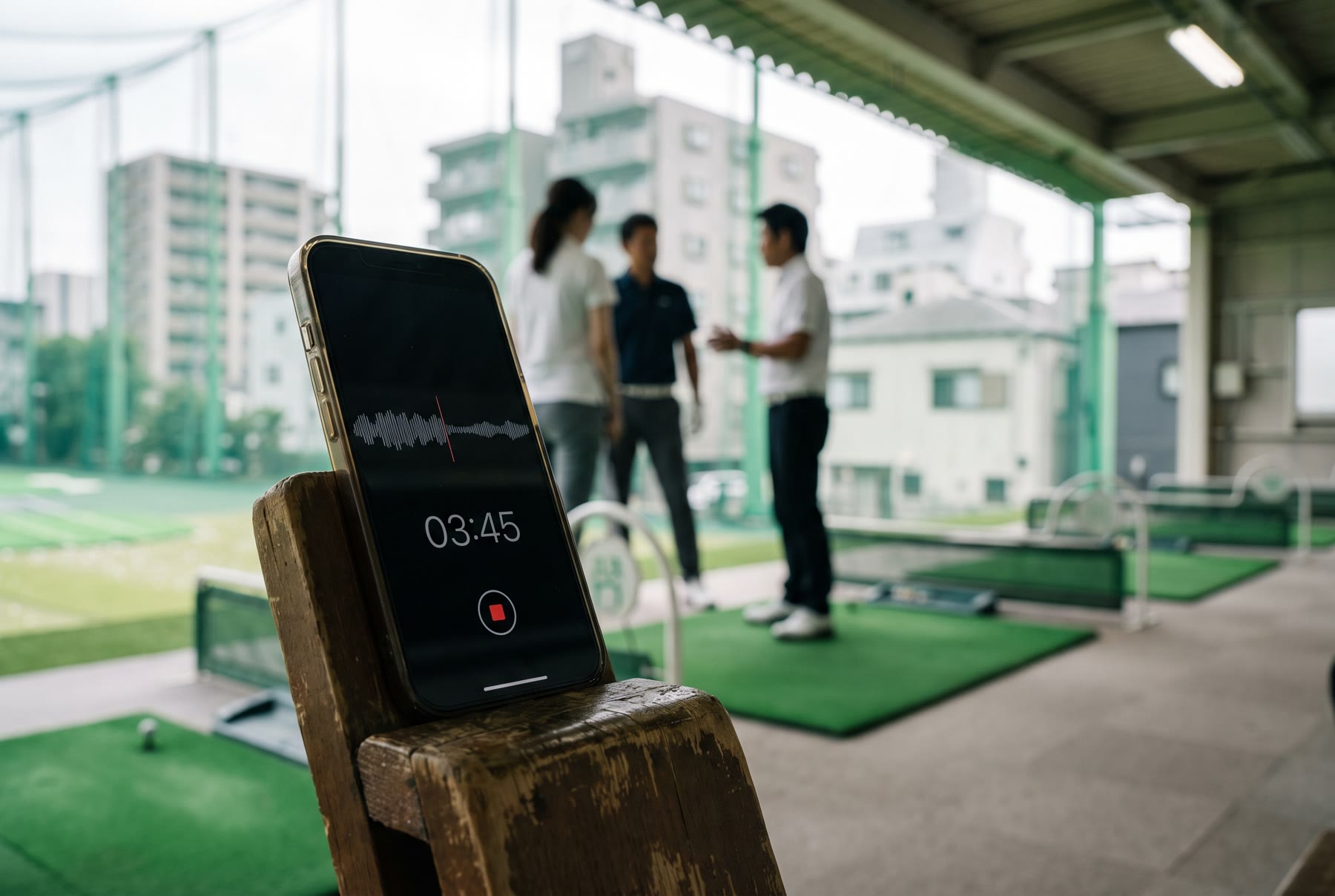打席のわきで録音中のスマホ。奥で講師と生徒が話している